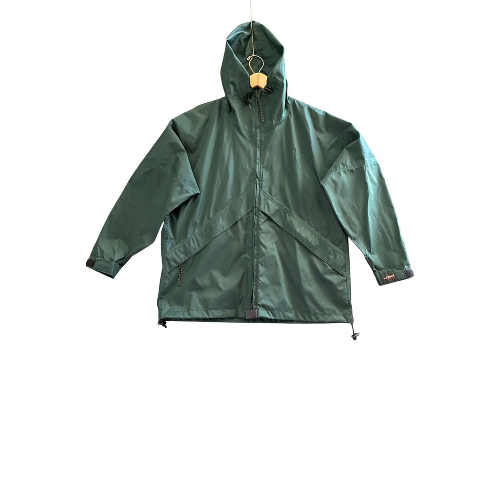 LL Bean Outdoors Vintage Rain Jacket Womens Large Forest Green Hooded Full Zip